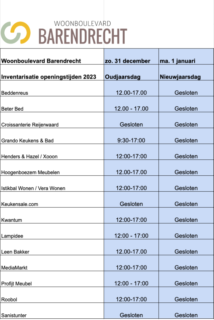 Aangepaste openingstijden feestdagen 2023 Woonboulevard Barendrecht